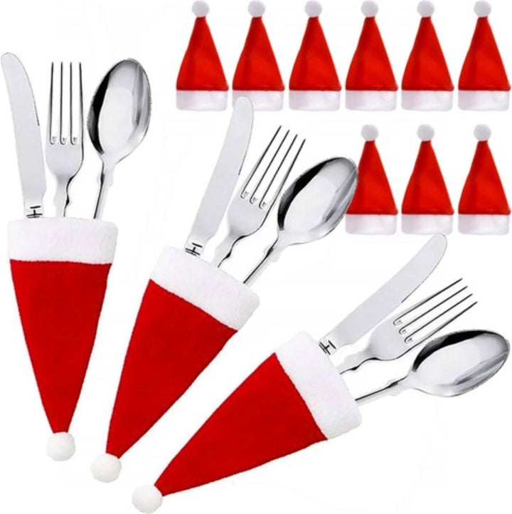 Kerstmutsjes bestekhouder - Bestekhouder Kerstmuts - Kersttafel Decoratie - Bestekzakje 12 Stuks