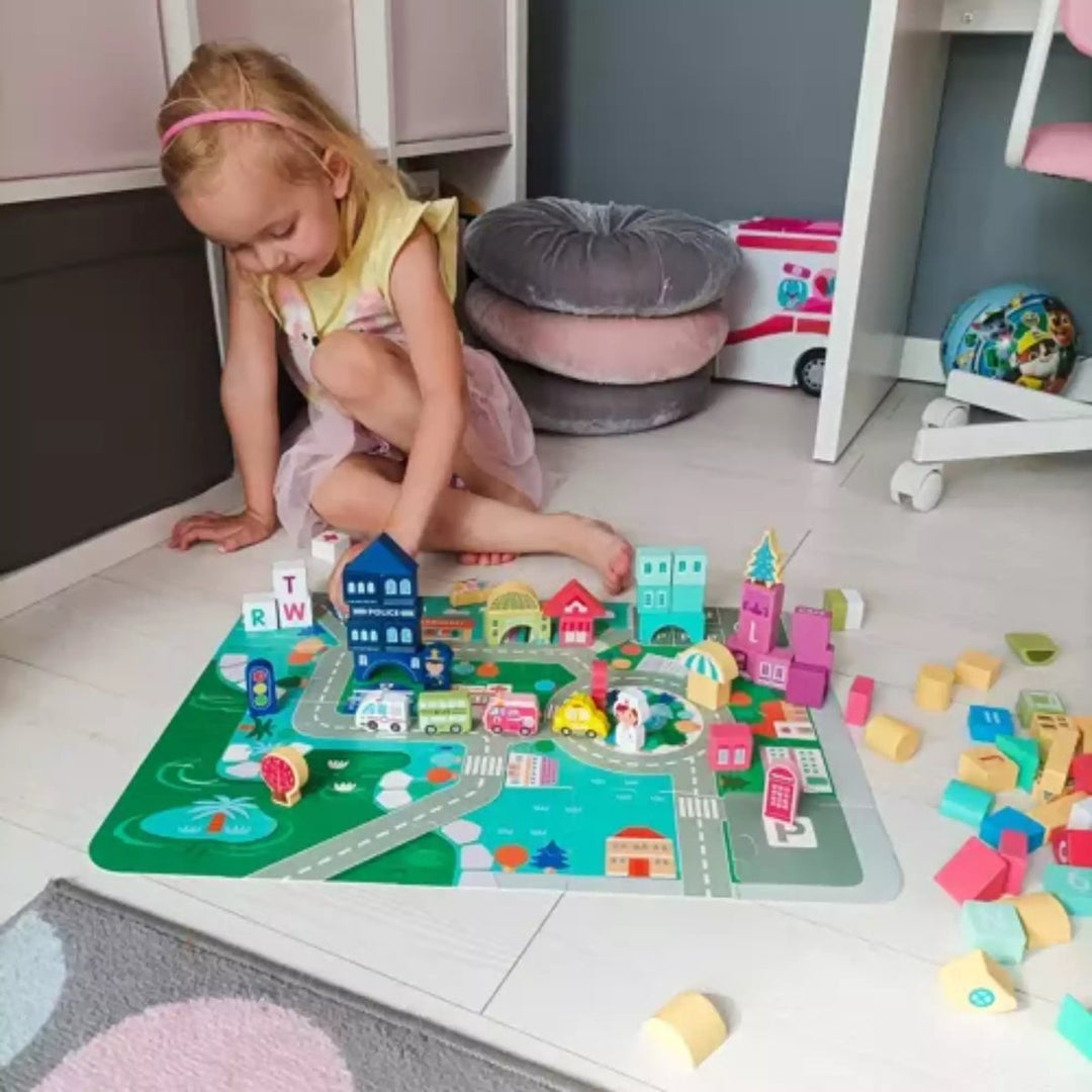 Kruzzel 100-delige Houten Blokken Set met Stadspuzzel - Leerzaam Speelplezier
