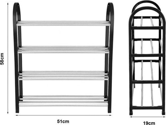 Schoenenrek Metaal 4 laags - 9 x 58 cm  - Zwart