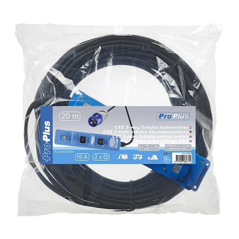 ProPlus CEE 3-weg stekkerdoos 20M (2xSchuko + 1x2-USB)