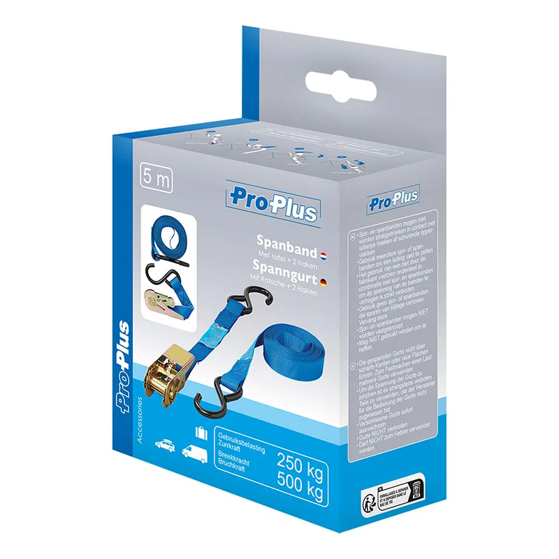 ProPlus Spanband blauw met ratel + 2 haken 5 meter
