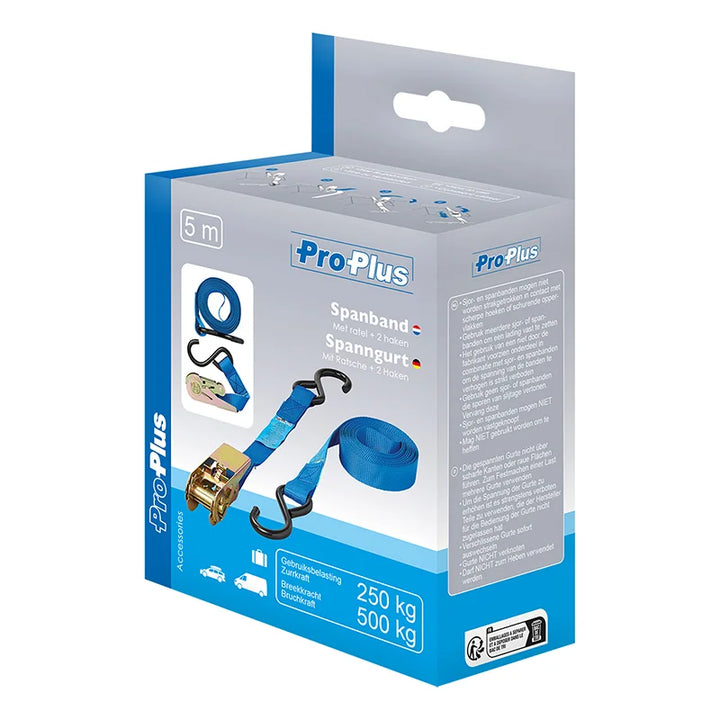 ProPlus Spanband blauw met ratel + 2 haken 5 meter