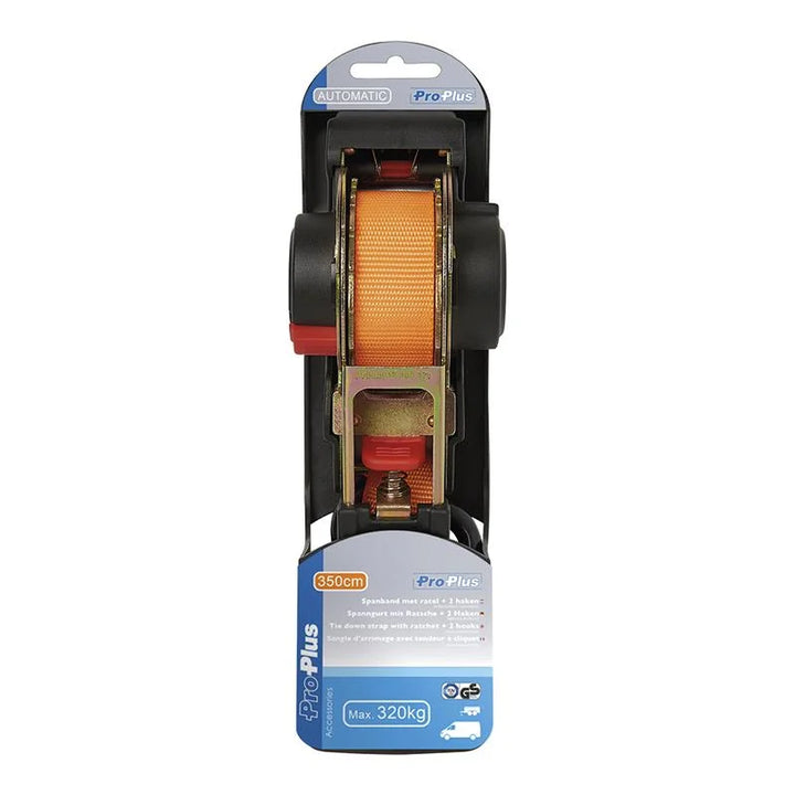 ProPlus Spanband met ratel + 2 haken 350cm 320kg automatisch oprollend
