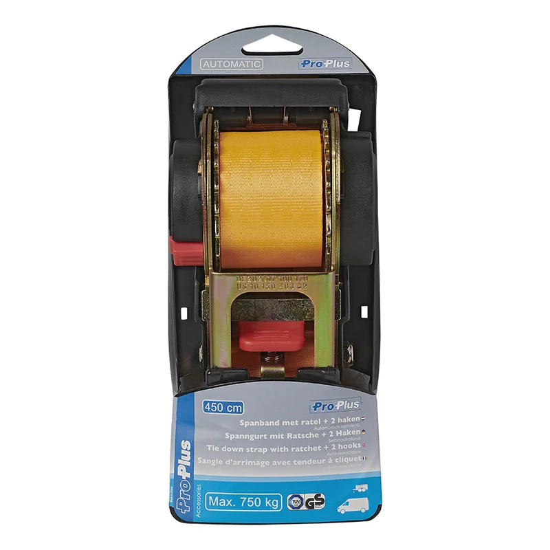 ProPlus Spanband met ratel + 2 haken 450cm 750kg automatisch oprollend
