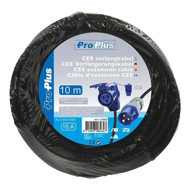 ProPlus CEE verlengkabel 10M met haakse contrastekker + Schuko stopcontact 3x1,5mm²