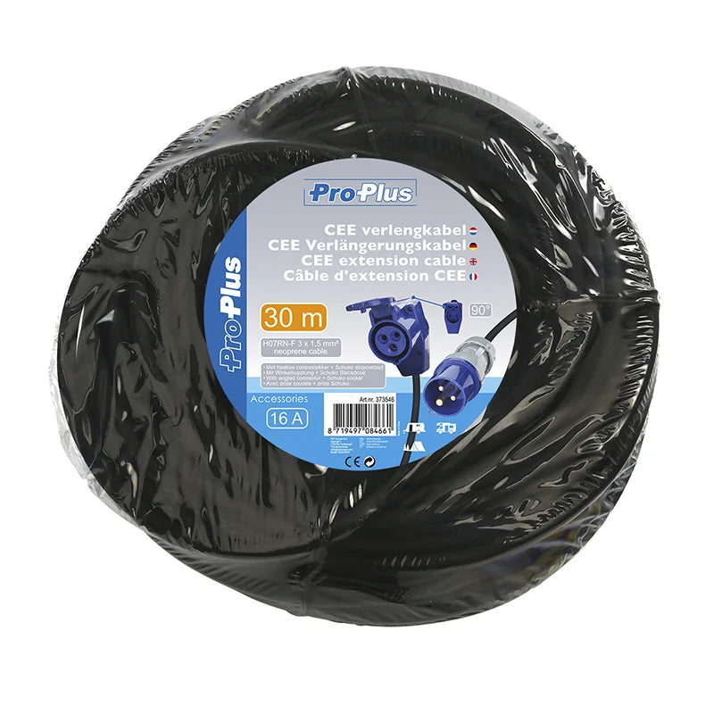 ProPlus CEE verlengkabel 30M met haakse contrastekker + Schuko stopcontact 3x1,5mm²