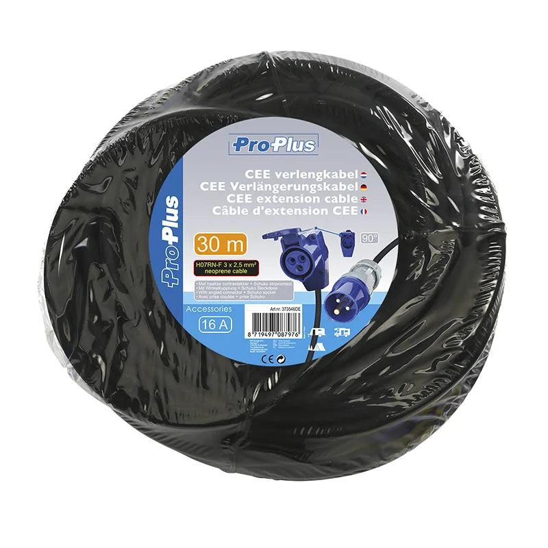 ProPlus CEE verlengkabel 30M met haakse contrastekker + Schuko stopcontact 3x2,5mm²