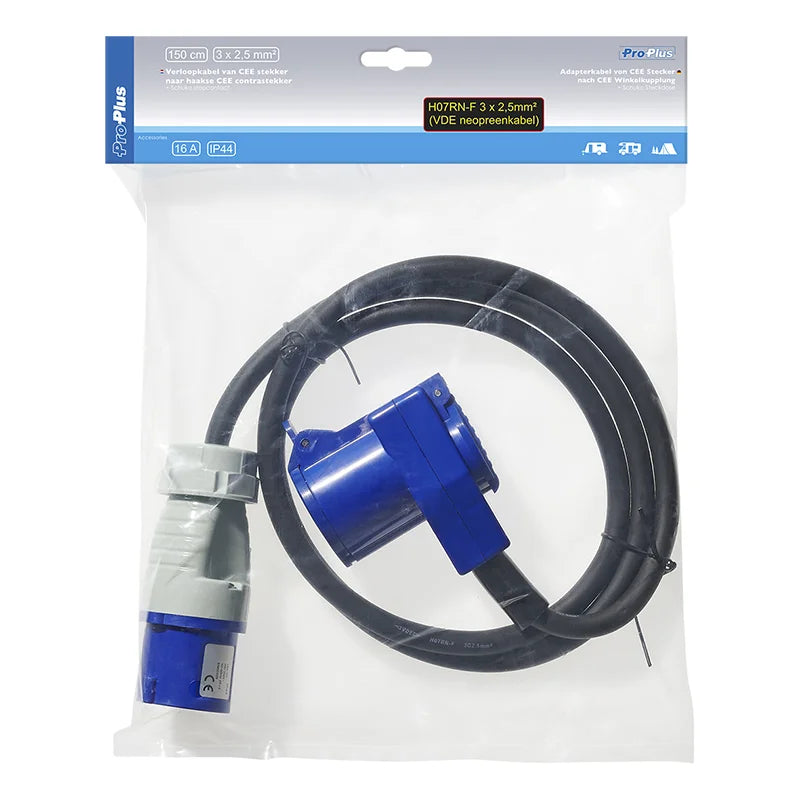 ProPlus Verloopkabel 150cm 3x2,5mm² van CEE stekker naar haakse CEE contrastekker + Schuko stopcontact