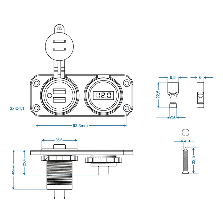 ProPlus Inbouw kit: voltmeter 6-30V + USB poort dubbel type A 2x2100mA