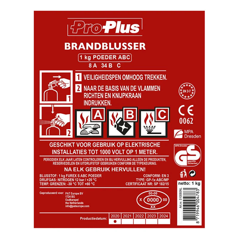 ProPlus Brandblusser met Manometer - Poeder - Brandklasse ABC - 1 kilo