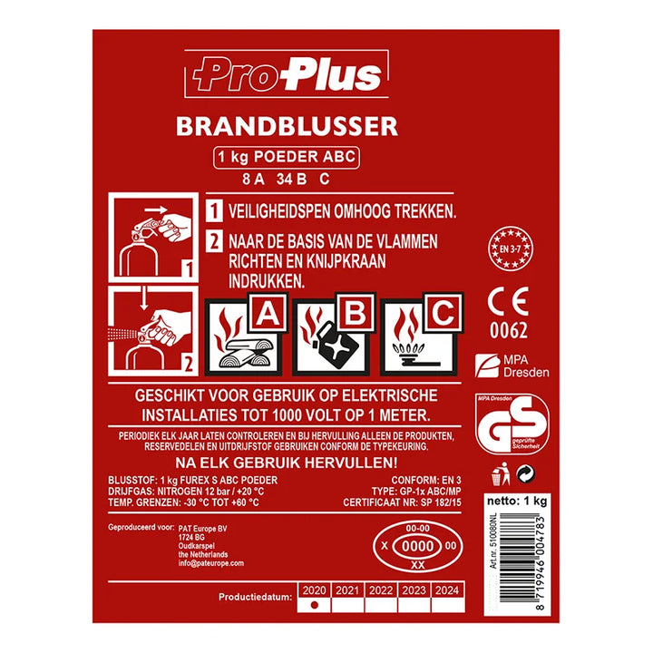 ProPlus Brandblusser met Manometer - Poeder - Brandklasse ABC - 1 kilo