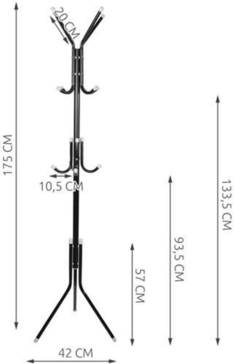 Kapstok met 12 haken - Metaal - Zwart - Hoogte 175cm
